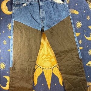 Wrangler Denim and Brown Leather Patch Pants